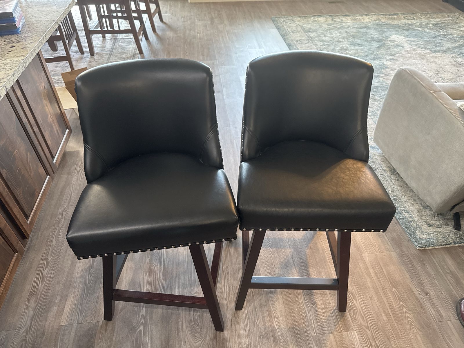 Set of 2 Black Faux Leather Barstools with Nailhead Trim