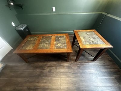 Rustic Slate-Top Coffee Table + End Table Set – Solid Wood