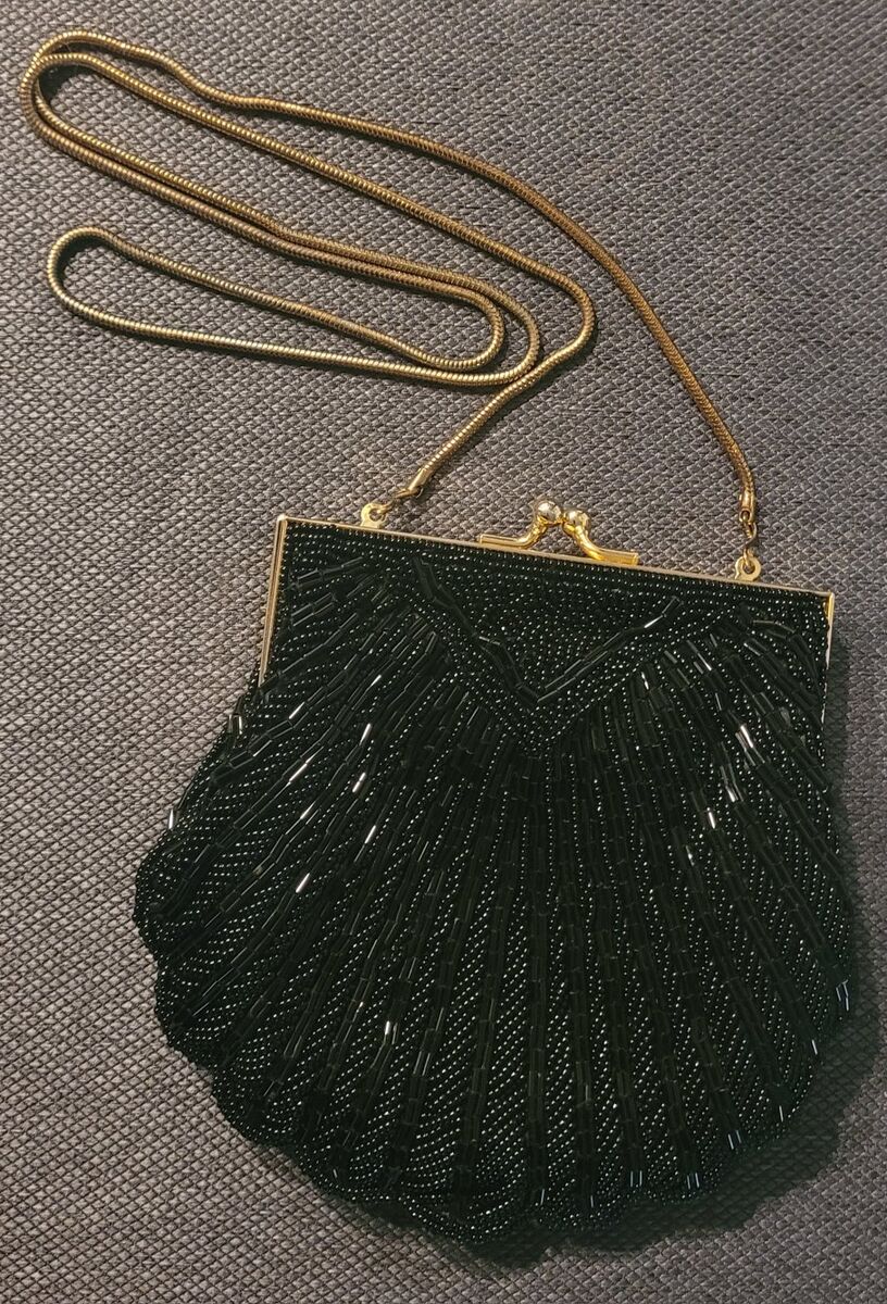 Vintage Robinson's Black Beaded Clam Shell Clip Ev