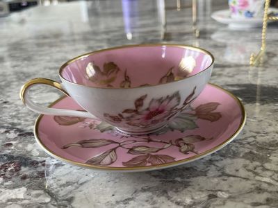 Beautiful Vintage Pink Floral Teacup and Saucer with Gold Trim Made in Germany