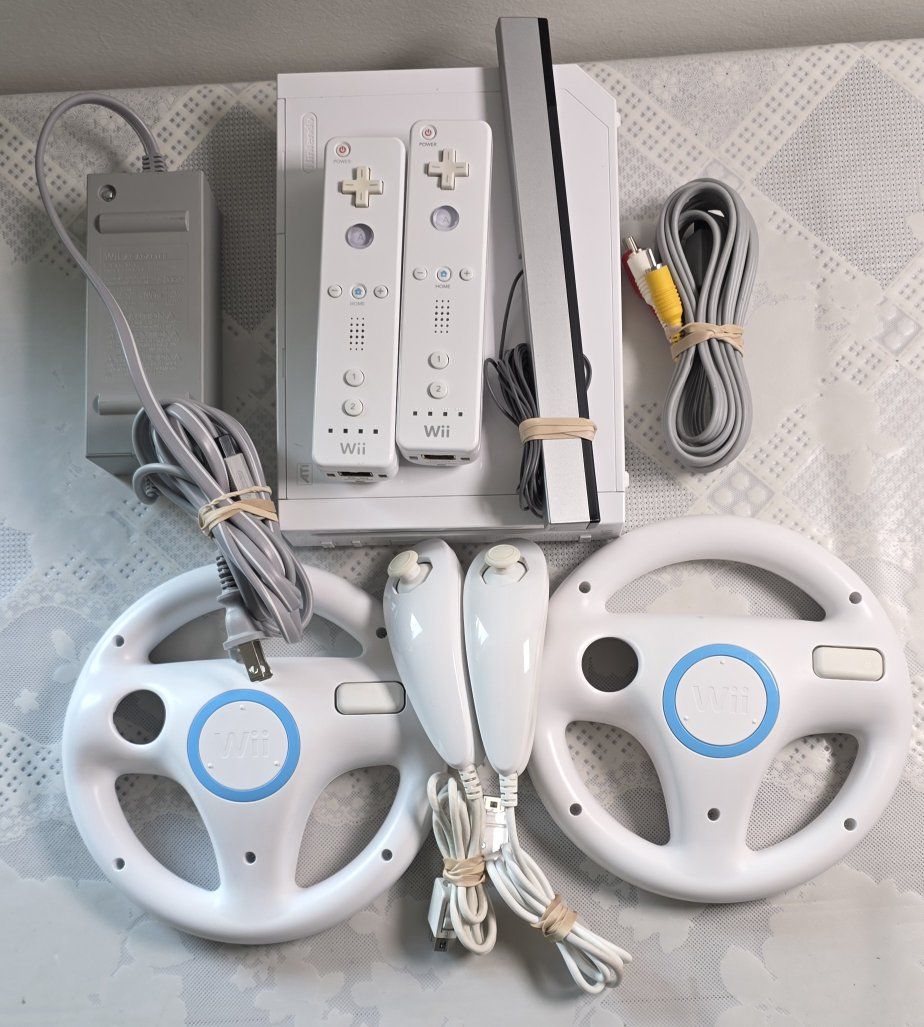 Nintendo Wii Console Bundle with Controllers, Nunchucks, Wii Wheels & Cables