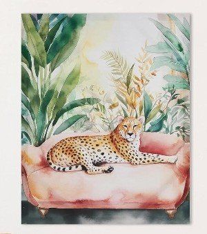 16"x 20" Cheetah on Pink Sofa Canvas Wall Art - Printed on Stretched Canvas, Pre-installed Sawtooth Hardware (NEW)