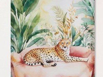 16"x 20" Cheetah on Pink Sofa Canvas Wall Art - Printed on Stretched Canvas, Pre-installed Sawtooth Hardware (NEW)