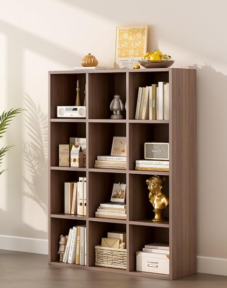 12-Cube Storage Shelf Bookcase, Walnut | Wooden 3-Tier Open Bookshelf, Fits 11×11" Bins, Vertical or Horizontal Use