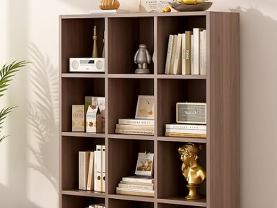 12-Cube Storage Shelf Bookcase, Walnut | Wooden 3-Tier Open Bookshelf, Fits 11×11" Bins, Vertical or Horizontal Use