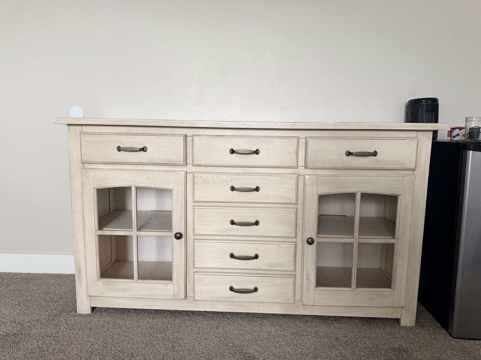 Distressed Off-White Credenza Buffet with storage cabinets and Drawers