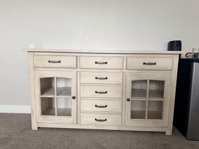 Distressed Off-White Credenza Buffet with storage cabinets and Drawers