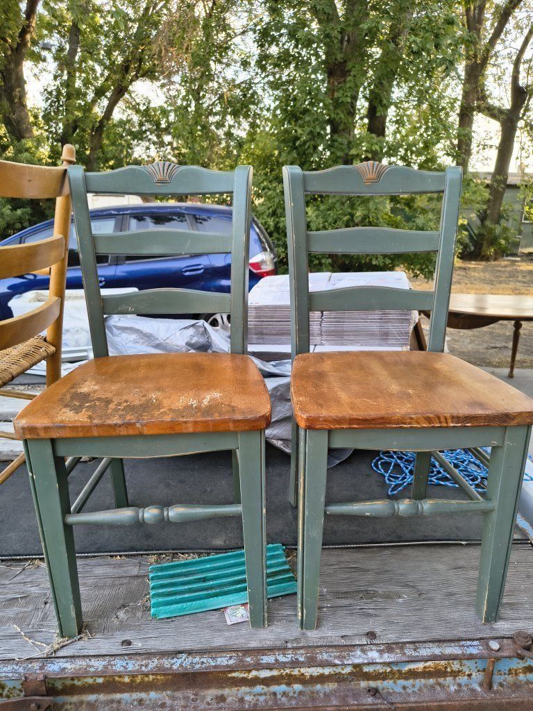 Vintage Green Painted Wooden Dining Chairs - Pair (Refinishing Project)