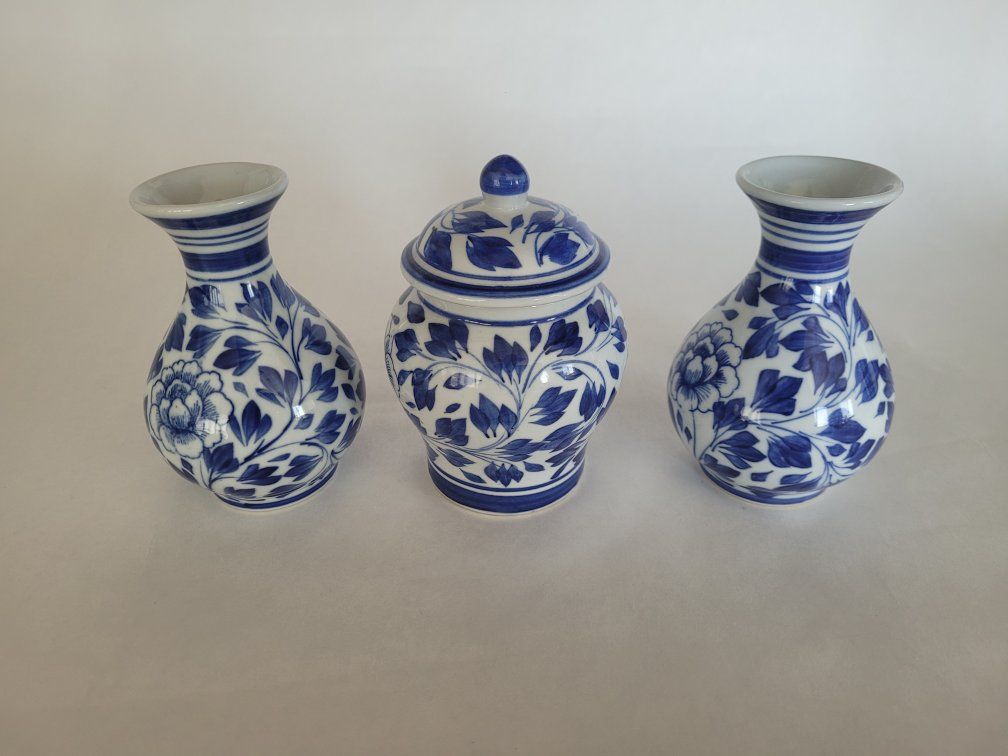 Blue and White Floral Ceramic Ginger Jar & Vases Set (3)