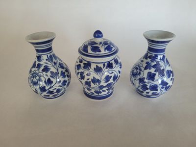 Blue and White Floral Ceramic Ginger Jar & Vases Set (3)