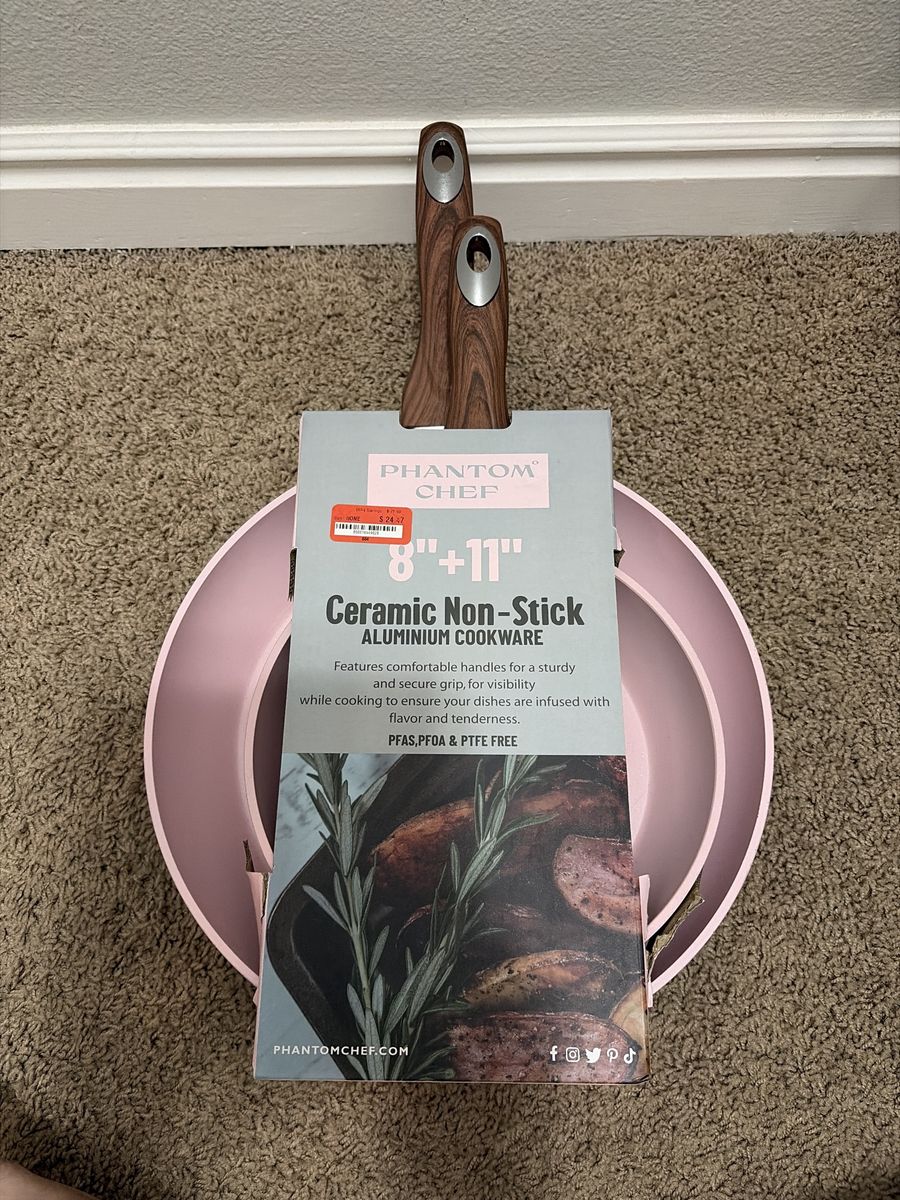 Phantom Chef 8" + 11" Ceramic Non-Stick Aluminum Cookware Pan Set - Pink, PFAS/PFOA/PTFE Free