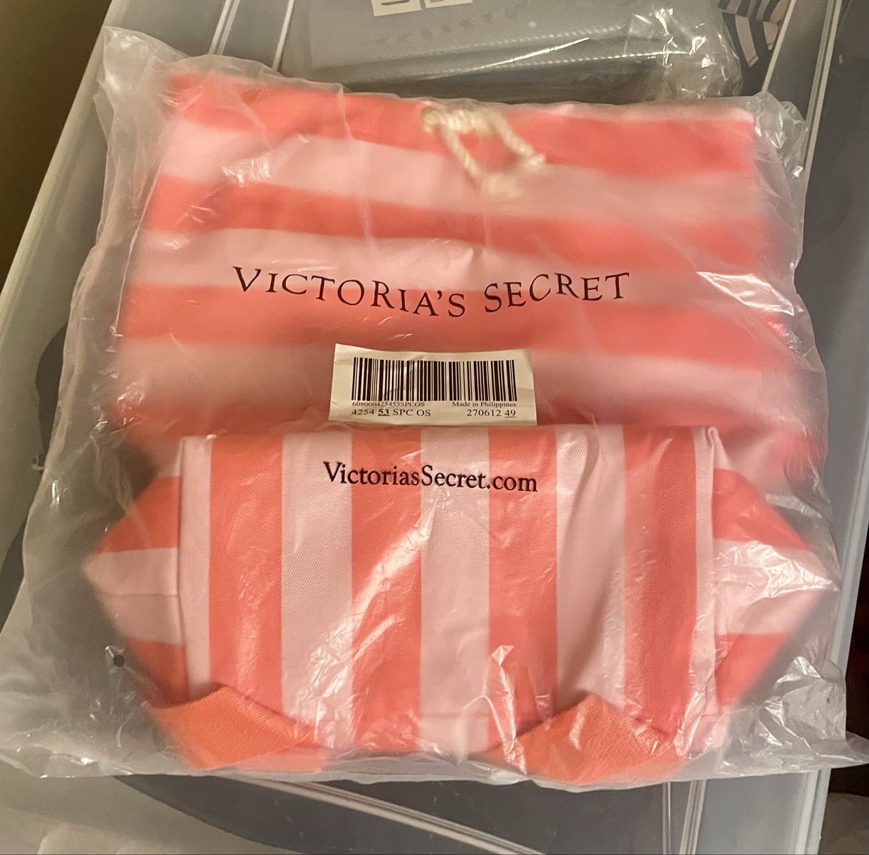 New! Victoria's Secret Pink & White Striped Drawstring Backpack & Pouch Set New with Tags