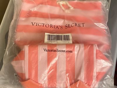 New! Victoria's Secret Pink & White Striped Drawstring Backpack & Pouch Set New with Tags