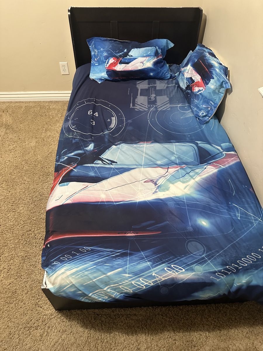 Twin Bed, Comforter And Pillows