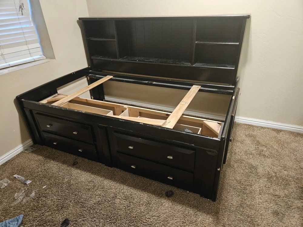 Black Full Size Captain's Bed Frame with Headboard Storage & Underbed Drawers