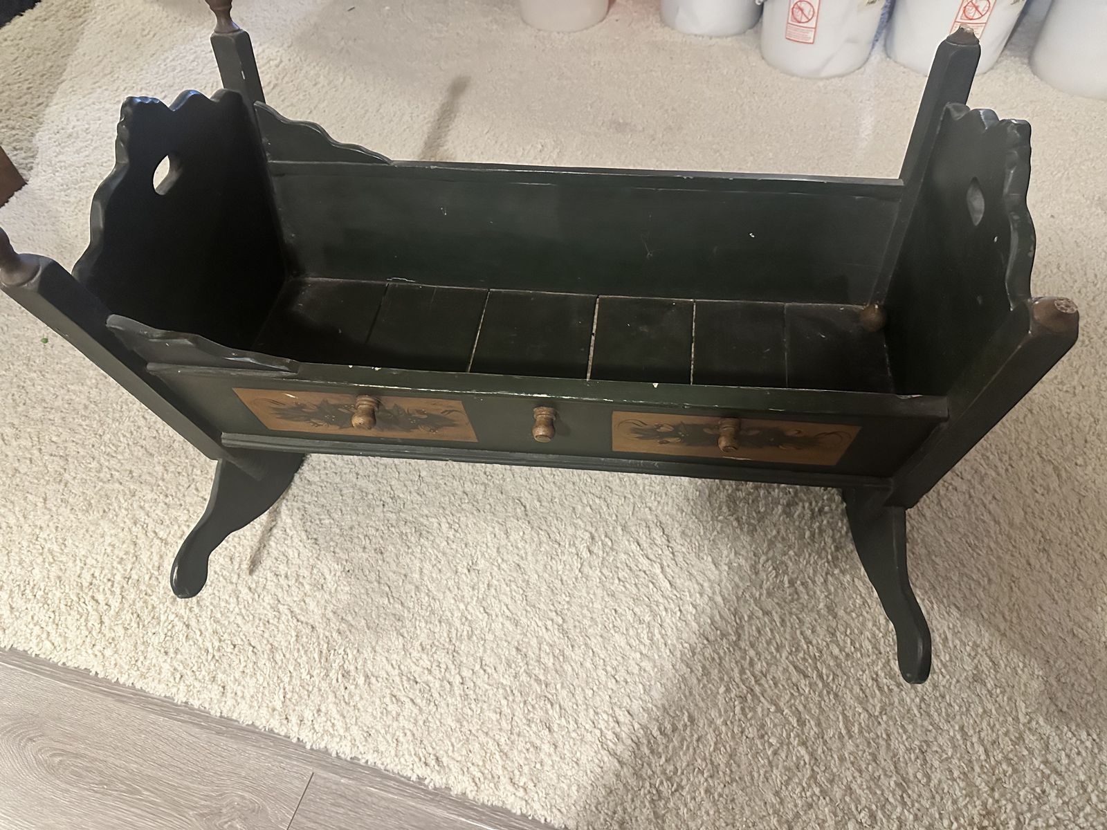 Vintage Hand-Painted Wooden Baby Cradle - Dark Green Floral Motif