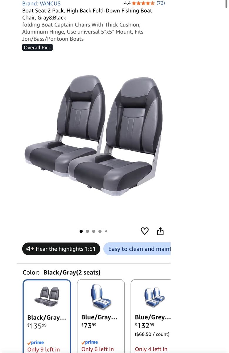 VANCUS Boat Seat 2-Pack: High Back, Fold-Down Fishing Captain Chairs - Gray & Black with Thick Cushion