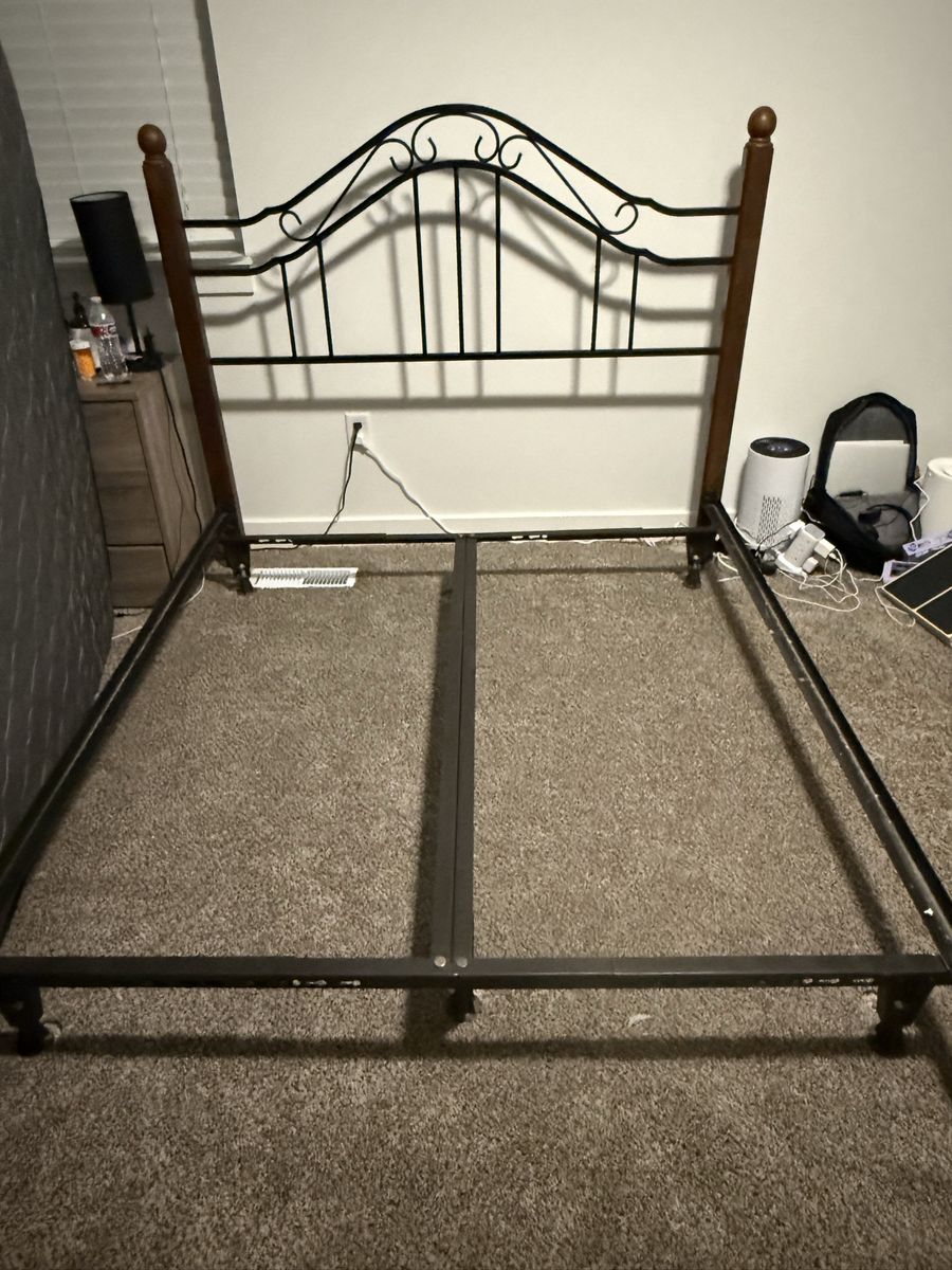 Metal and Wood Queen Bed Frame with Scrollwork Headboard