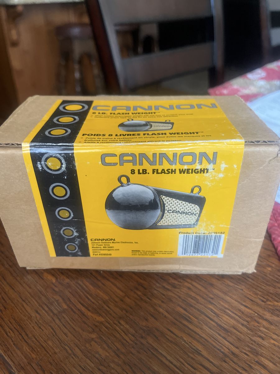 Three 8 lb. Cannon flash downriggers weights.  New in box Retail $70 each