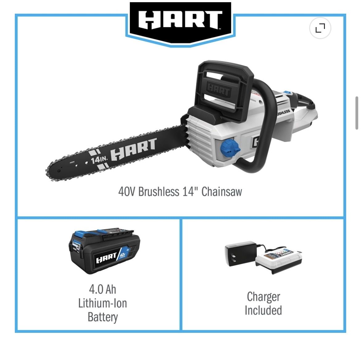 HART 40V Brushless 14" Cordless Chainsaw Kit with 4.0 Ah Battery and Charger