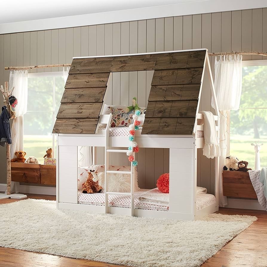 Rustic Kids Cabin Bunk Bed - Twin Size, White with Brown Shingle Roof, Treehouse Design