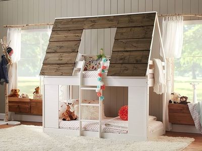 Rustic Kids Cabin Bunk Bed - Twin Size, White with Brown Shingle Roof, Treehouse Design
