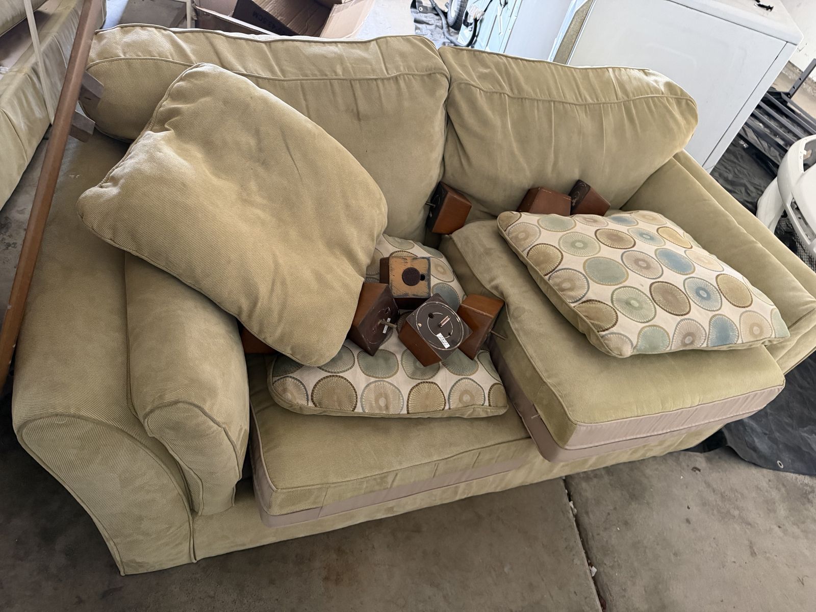 FREE Tan Corduroy Fabric Sofa with Matching Throw Pillows and Wooden Legs