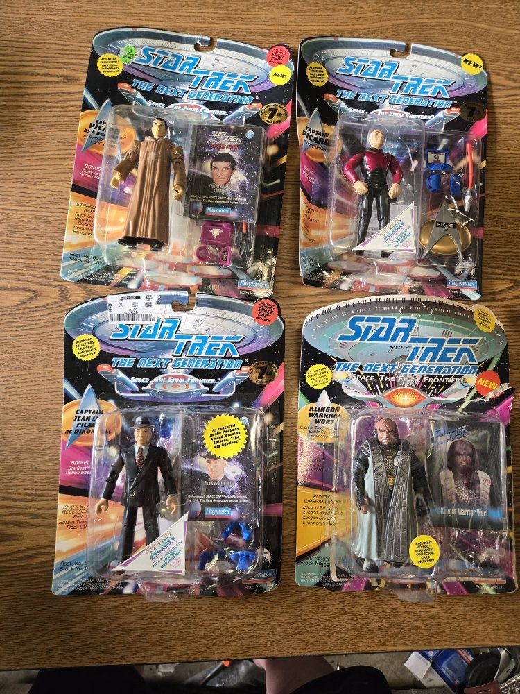 Star Trek TNG Playmates Action Figures: Captain Picard (x2), Klingon Worf, 1990s New in Package