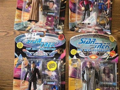 Star Trek TNG Playmates Action Figures: Captain Picard (x2), Klingon Worf, 1990s New in Package
