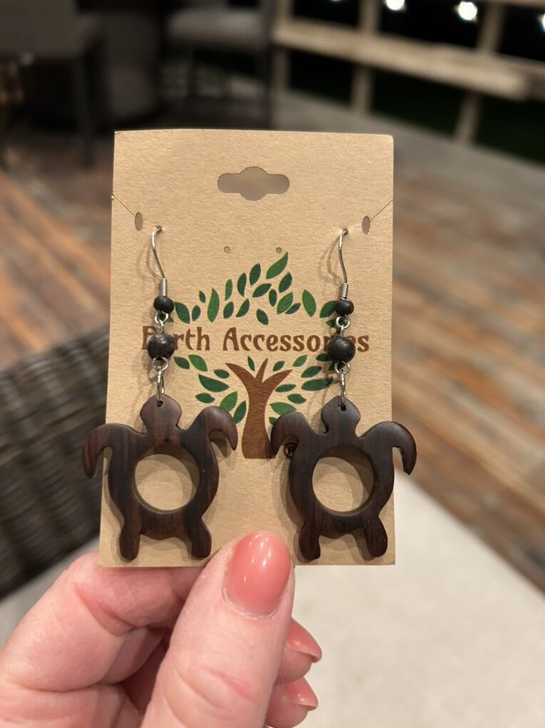 New Sea Turtle Wood Stainless Steel Earrings