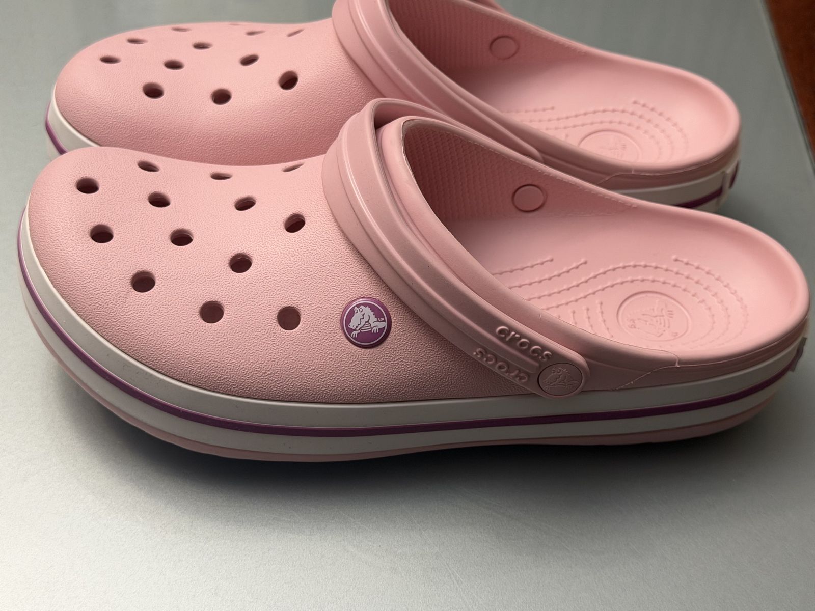 Crocs Classic Pink Clogs with White and Purple Stripe - Comfortable Slip-On Sandals