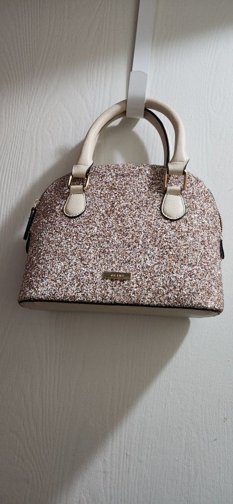 ALDO Glitter Dome Satchel Handbag - Champagne Sparkle with Lock & Key Charm