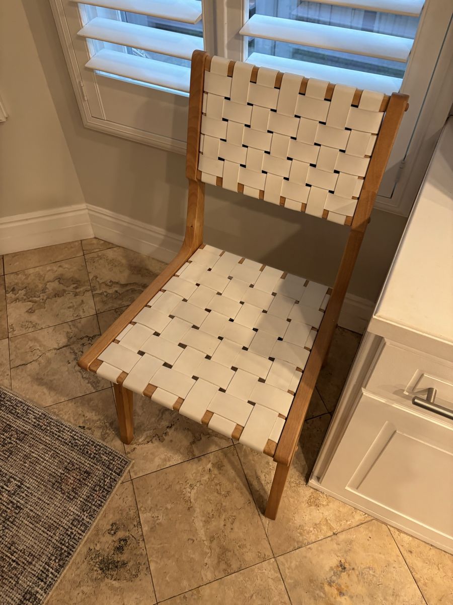 Woven Leather Strap Dining Chair - Modern Wood Frame Accent Chair
