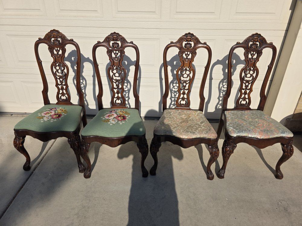 Set of 4 Antique Chippendale Style Carved Wood Dining Chairs with Needlepoint and Brocade Seats