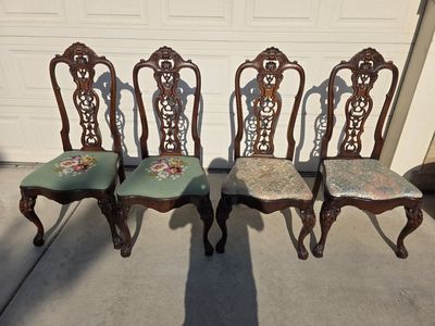 Set of 4 Antique Chippendale Style Carved Wood Dining Chairs with Needlepoint and Brocade Seats