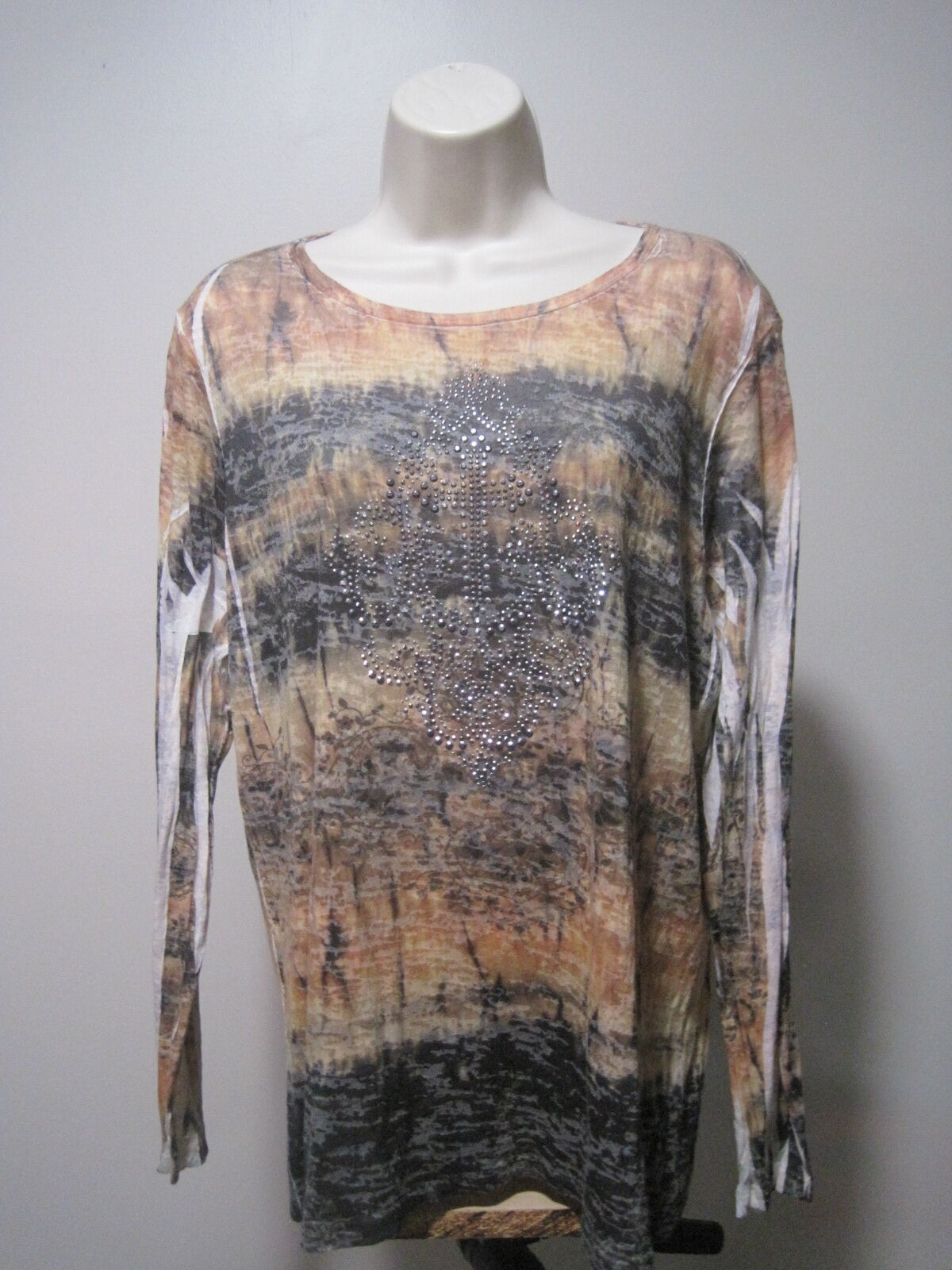 Reba Women's Black & Brown Tie Dye Long Sleeve Top Rhinestone Design X Large