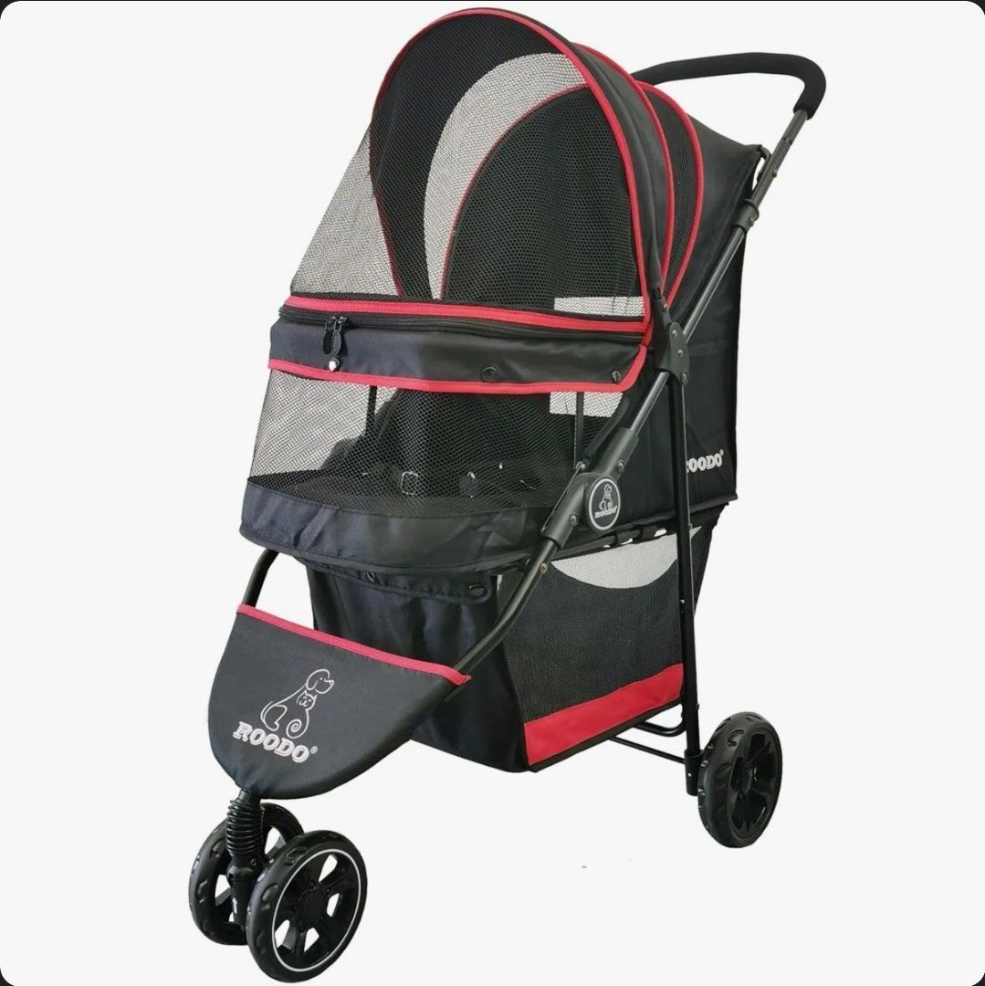 Roodo Black & Red Pet Stroller Dog Cat Travel Carrier Jogger w/ Mesh & Storage