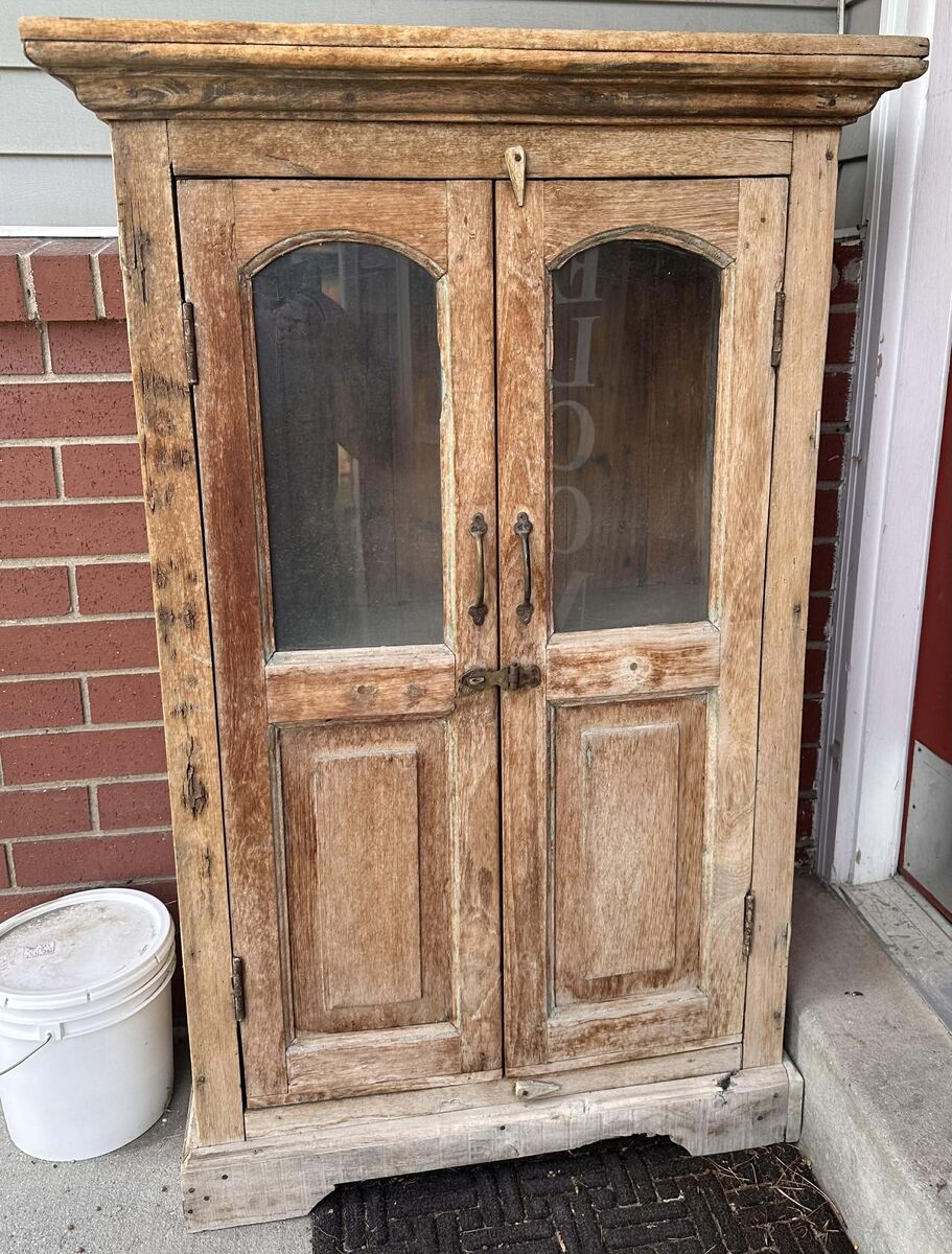 Beautiful Distressed Decorative Wood Cabinet W/Glass And Wood Front!!