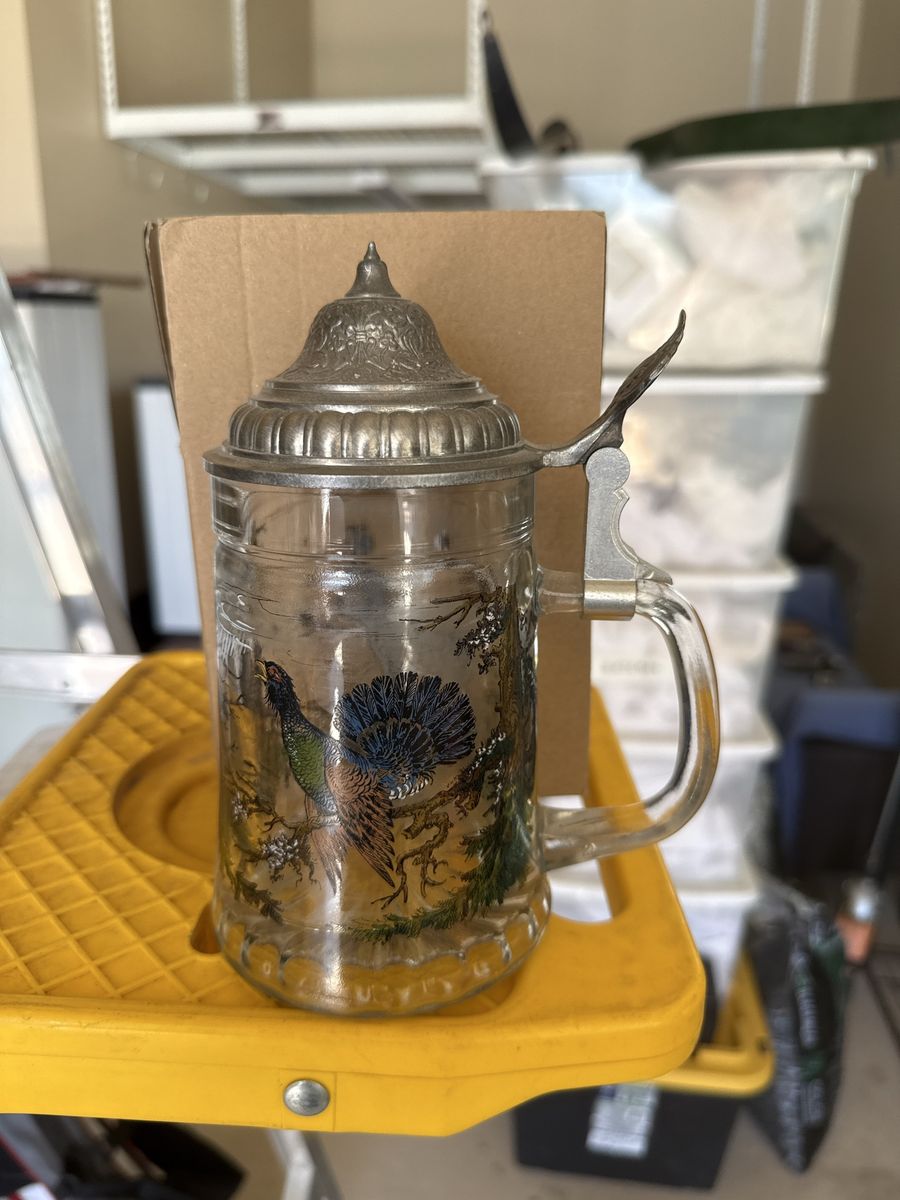 Vintage Glass Beer Stein Mug with Pewter Lid and Wildlife Animal Scenes