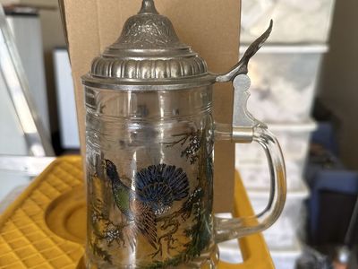 Vintage Glass Beer Stein Mug with Pewter Lid and Wildlife Animal Scenes