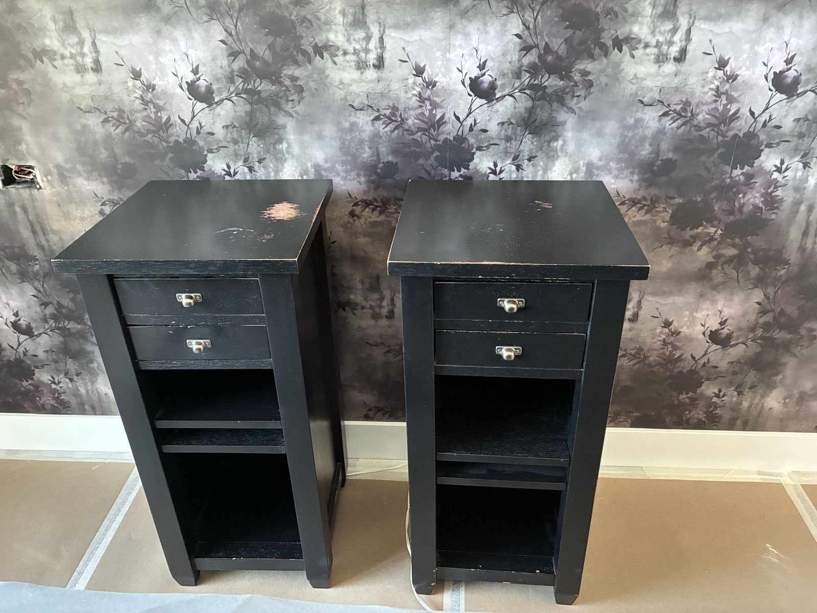 Pair of Black Pottery Barn Wood Nightstands/End Tables with 2 Drawers and Shelves - Used Condition