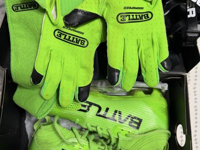 Battle AstroFly Football Cleats w/ matching Gloves, Towel, padded compression shirt, and chinstrap.