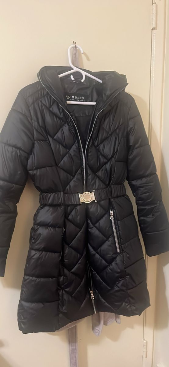 Guess Women's Black Hooded Puffer Jacket with Belt Size Medium