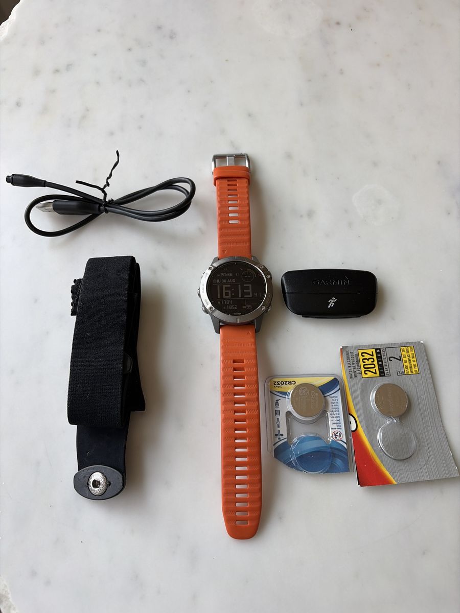 Garmin Fenix 6 Sapphire Titanium w/ Ember Orange Band - Excellent Condition
