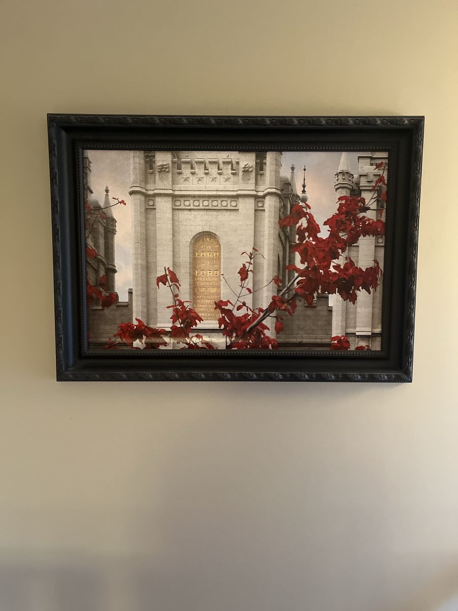 Framed Salt Lake Temple Art Print with Red Leaves - "Holiness to the Lord"
