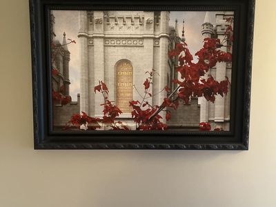 Framed Salt Lake Temple Art Print with Red Leaves - "Holiness to the Lord"