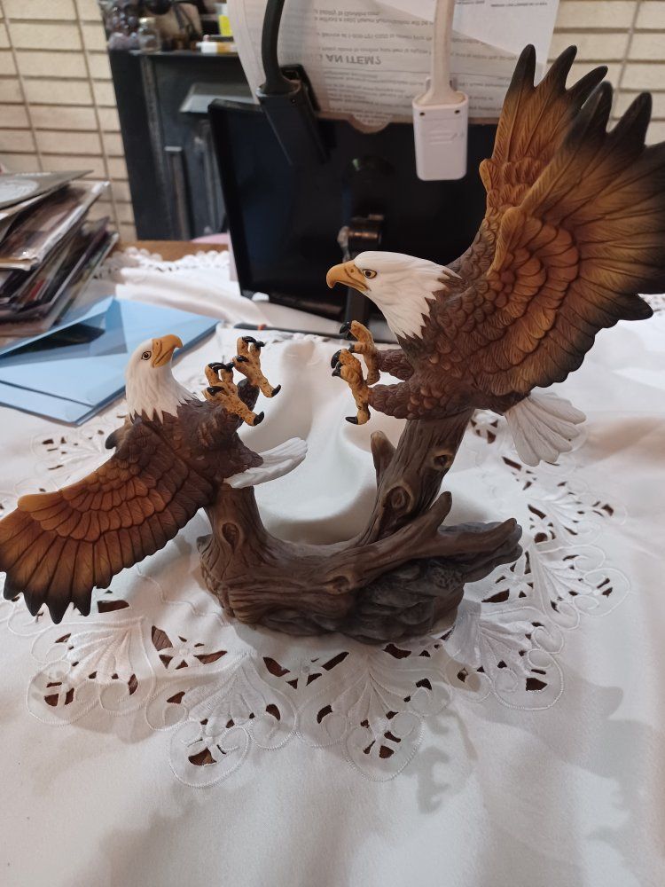 Hand-Painted Bald Eagle Figurine, Two Eagles on Tree Branch, Detailed Sculpture