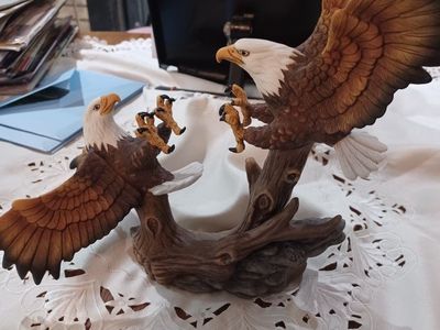 Hand-Painted Bald Eagle Figurine, Two Eagles on Tree Branch, Detailed Sculpture