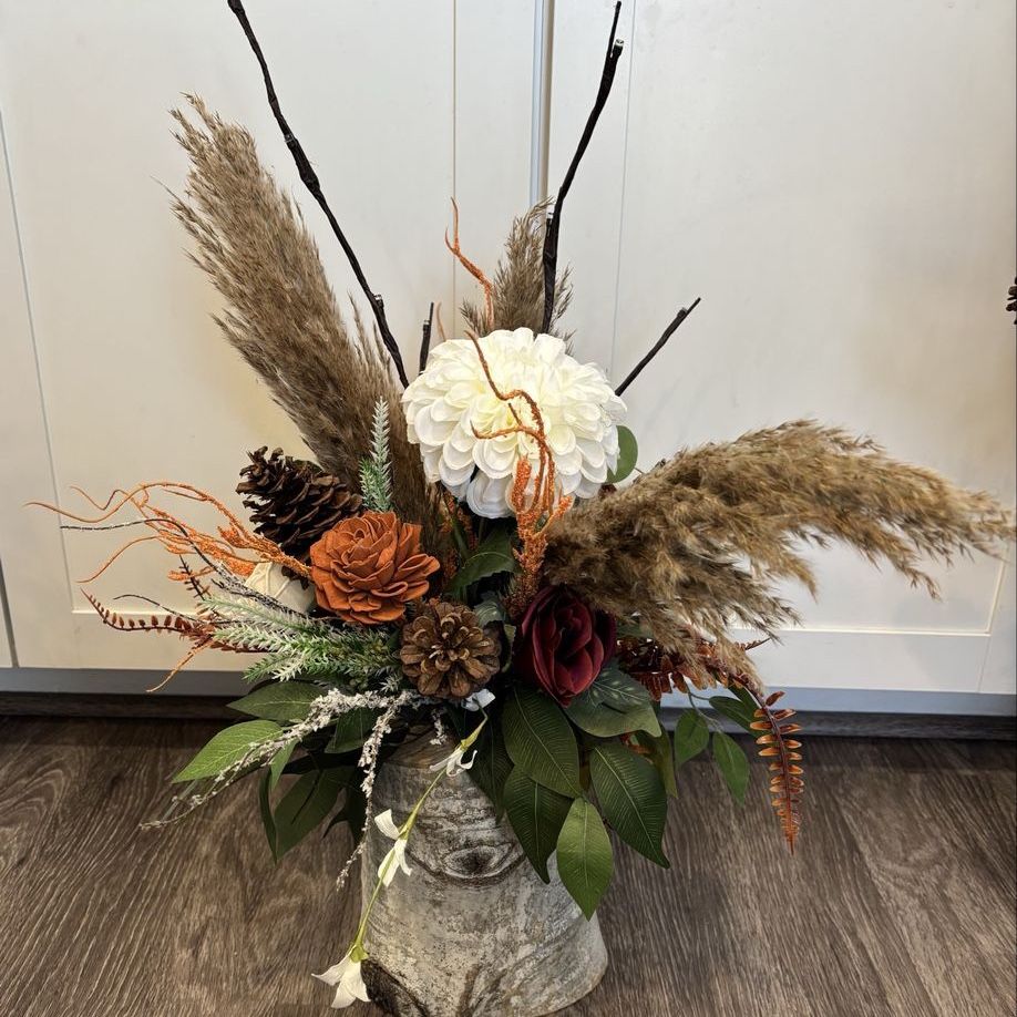 Rustic Autumn Floral Arrangement with Pinecones & Pampas Grass in Wood Log Vase