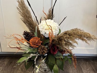 Rustic Autumn Floral Arrangement with Pinecones & Pampas Grass in Wood Log Vase
